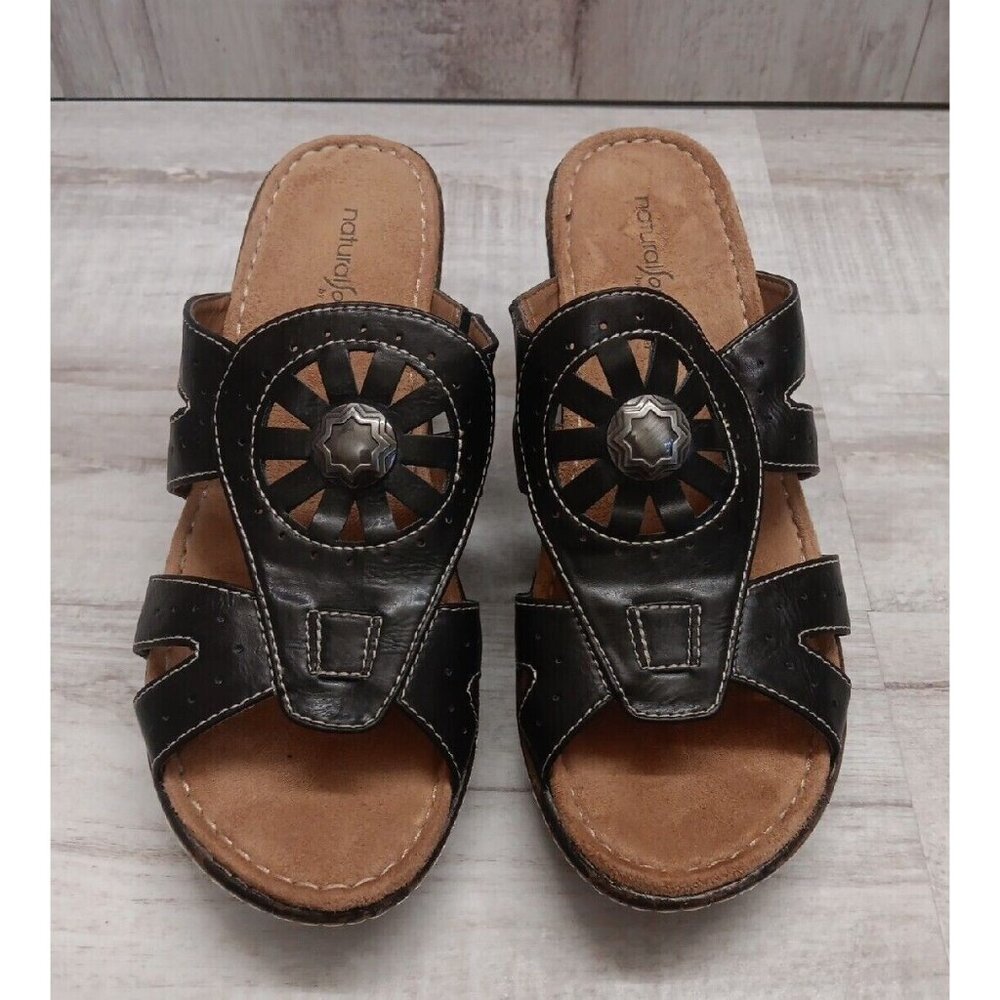 ✅Natural Soul By Naturalizer Slip-On Black Faux Leather Sandals Womens 9.5M Shoe - Picture 6 of 10